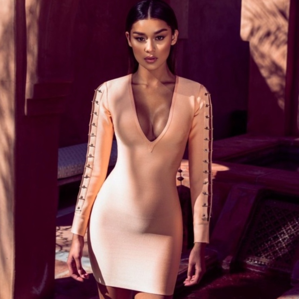 Plunge V-Neck Long Sleeve Bodycon Dress in Blush